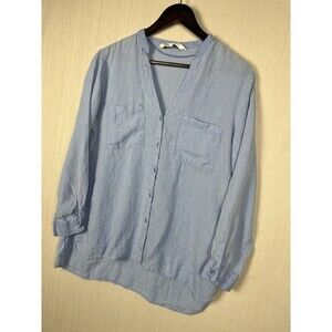 Zara 100% Linen Button Down Shirt Women L Blue Split Neck Roll Tab Coastal